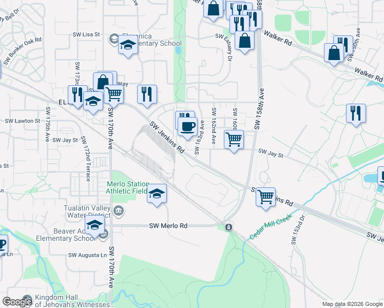 map of restaurants, bars, coffee shops, grocery stores, and more near 1345 Southwest 163rd Avenue in Beaverton