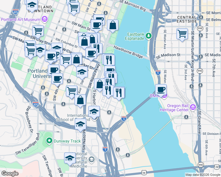 map of restaurants, bars, coffee shops, grocery stores, and more near 225 South Montgomery Street in Portland