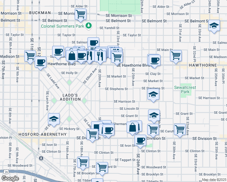 map of restaurants, bars, coffee shops, grocery stores, and more near 1826 Southeast 22nd Avenue in Portland
