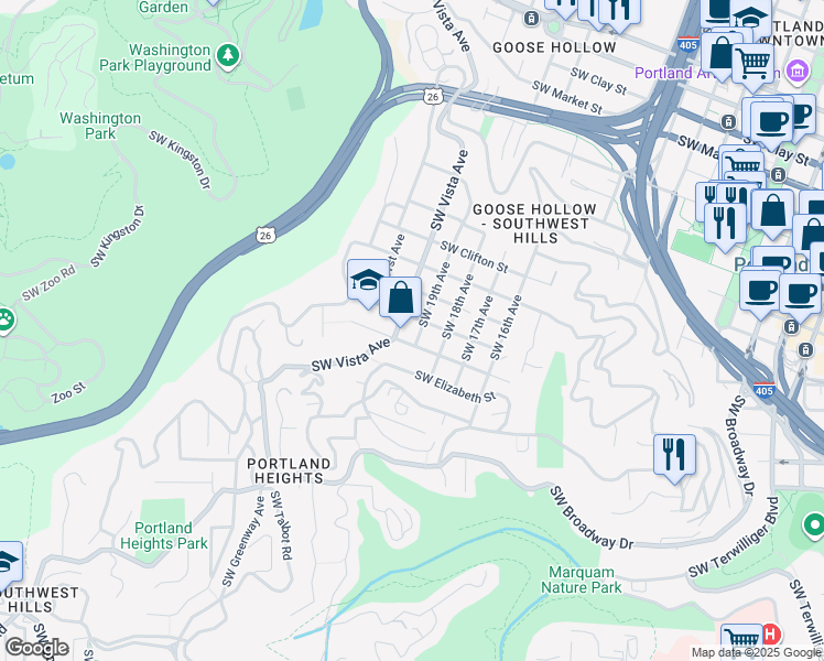 map of restaurants, bars, coffee shops, grocery stores, and more near 2425 Southwest 19th Avenue in Portland