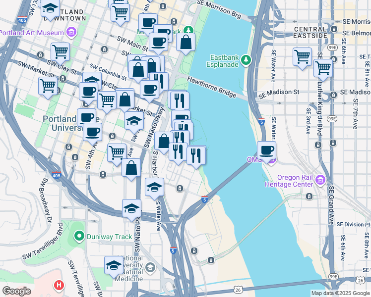 map of restaurants, bars, coffee shops, grocery stores, and more near 0315 Southwest Montgomery Street in Portland