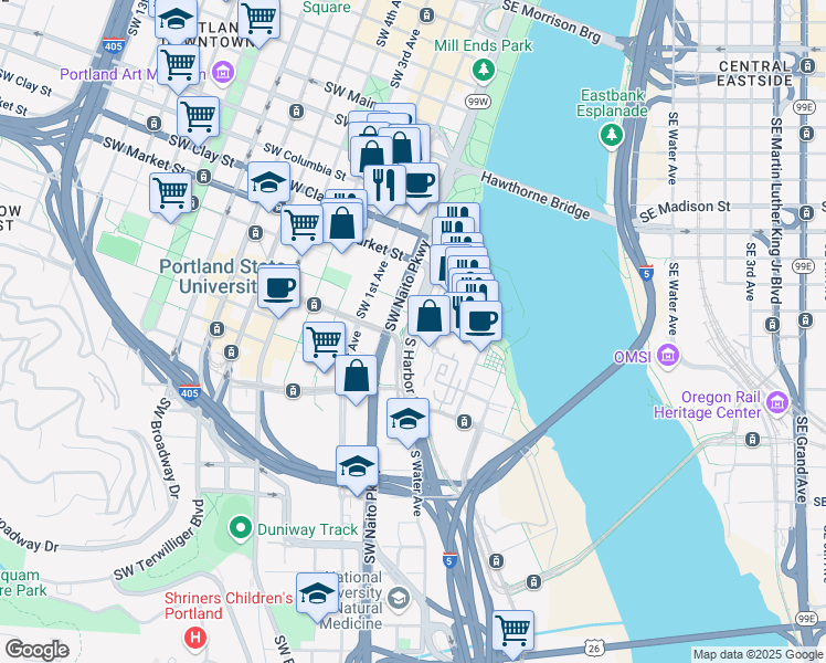 map of restaurants, bars, coffee shops, grocery stores, and more near South Harbor Drive in Portland