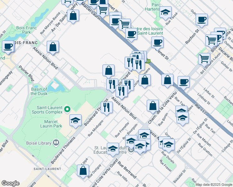 map of restaurants, bars, coffee shops, grocery stores, and more near 1325 Boulevard Alexis-Nihon in Montréal