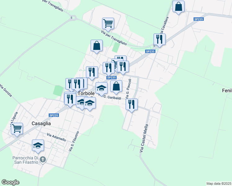 map of restaurants, bars, coffee shops, grocery stores, and more near 18 Via A. Manzoni in Torbole Casaglia
