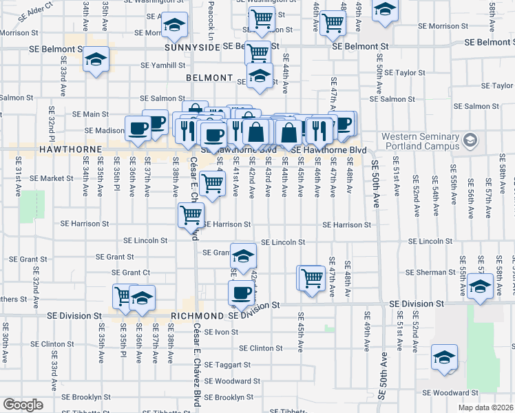 map of restaurants, bars, coffee shops, grocery stores, and more near 1842 Southeast 42nd Avenue in Portland