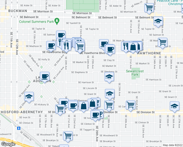 map of restaurants, bars, coffee shops, grocery stores, and more near 2509 Southeast Stephens Street in Portland