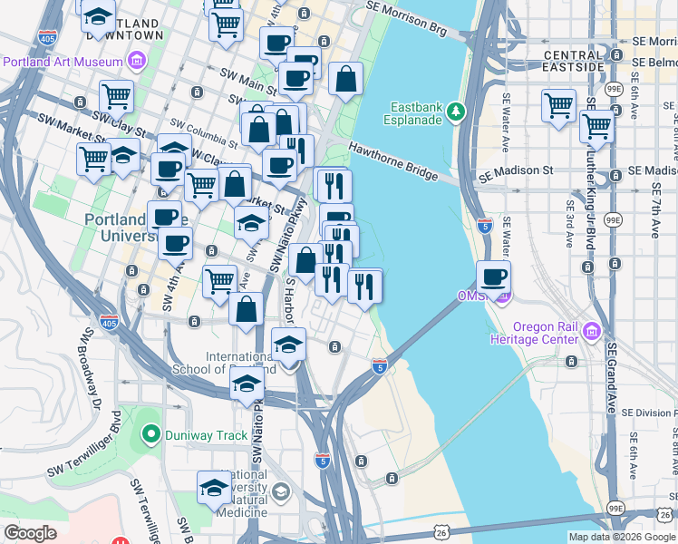map of restaurants, bars, coffee shops, grocery stores, and more near 225 South Montgomery Street in Portland