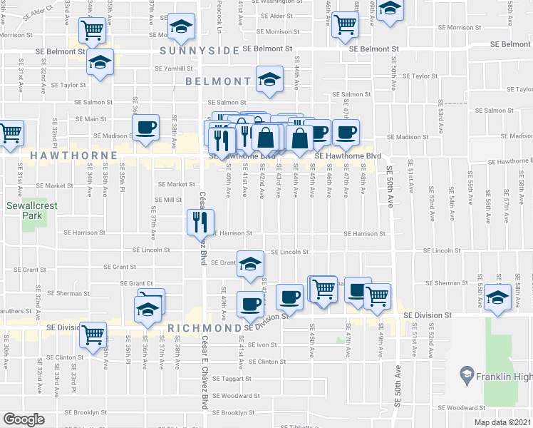 map of restaurants, bars, coffee shops, grocery stores, and more near 1842 Southeast 42nd Avenue in Portland