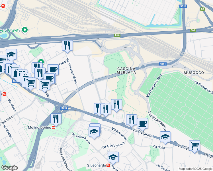 map of restaurants, bars, coffee shops, grocery stores, and more near Via Pier Paolo Pasolini in Milano