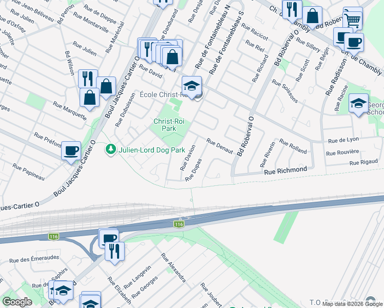 map of restaurants, bars, coffee shops, grocery stores, and more near 956 Rue Davion in Longueuil