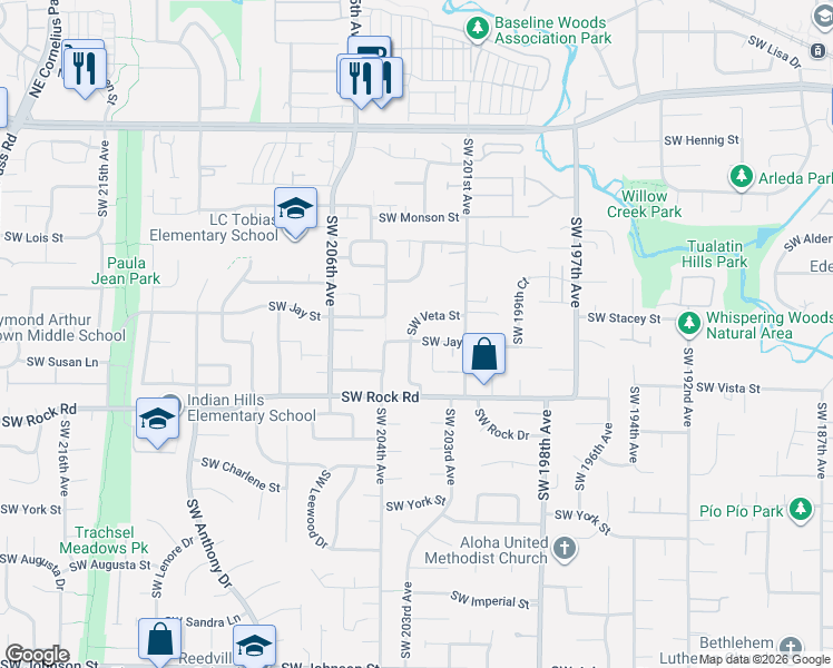 map of restaurants, bars, coffee shops, grocery stores, and more near 20277 Southwest Jay Street in Aloha