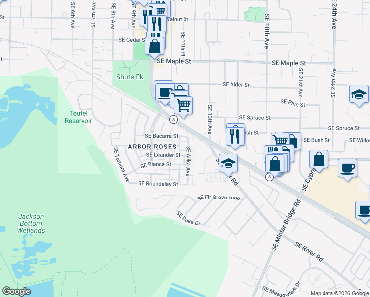 map of restaurants, bars, coffee shops, grocery stores, and more near 1065 Southeast Alika Avenue in Hillsboro