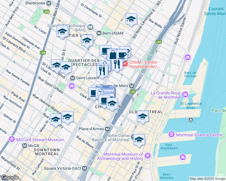 map of restaurants, bars, coffee shops, grocery stores, and more near 1055 Rue De Bullion in Montréal