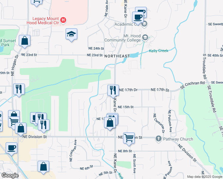 map of restaurants, bars, coffee shops, grocery stores, and more near 1805 Northeast Kane Drive in Gresham