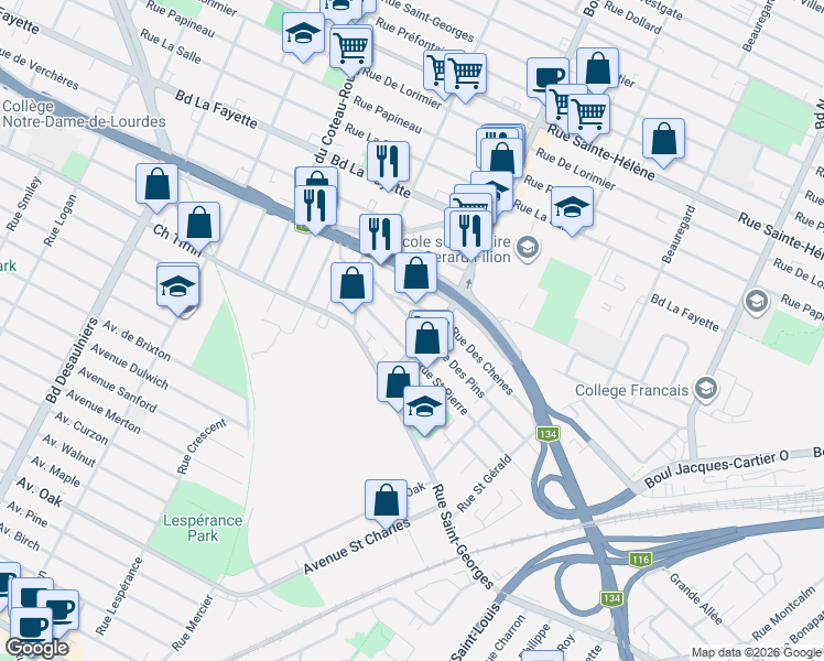 map of restaurants, bars, coffee shops, grocery stores, and more near 1717 Avenue des Pins in Longueuil