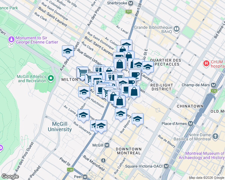 map of restaurants, bars, coffee shops, grocery stores, and more near 3458 Avenue du Musée in Montréal