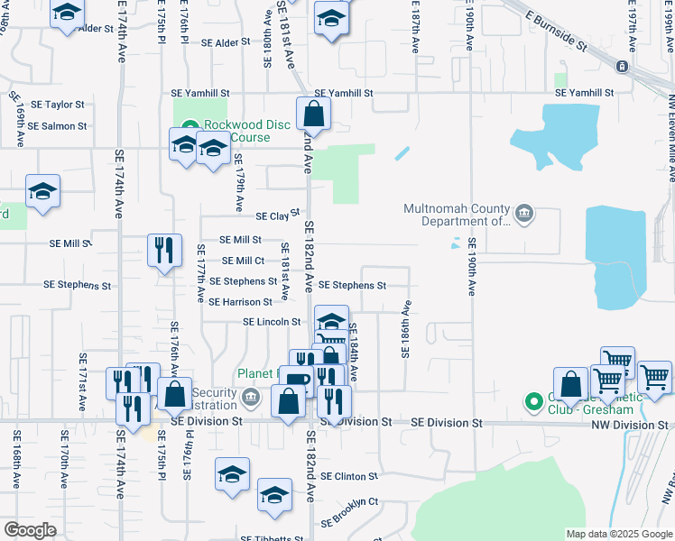 map of restaurants, bars, coffee shops, grocery stores, and more near 18242 Southeast Mill Street in Portland