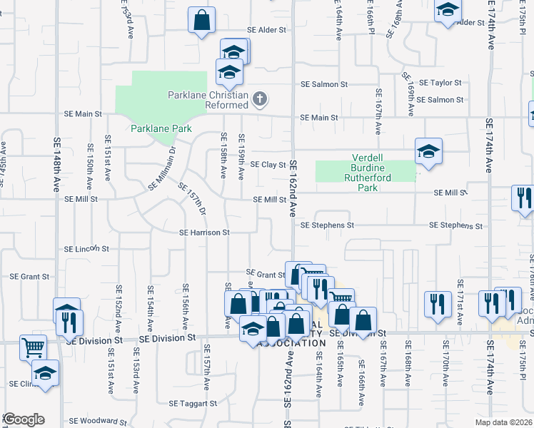 map of restaurants, bars, coffee shops, grocery stores, and more near 16100 Southeast Mill Street in Portland
