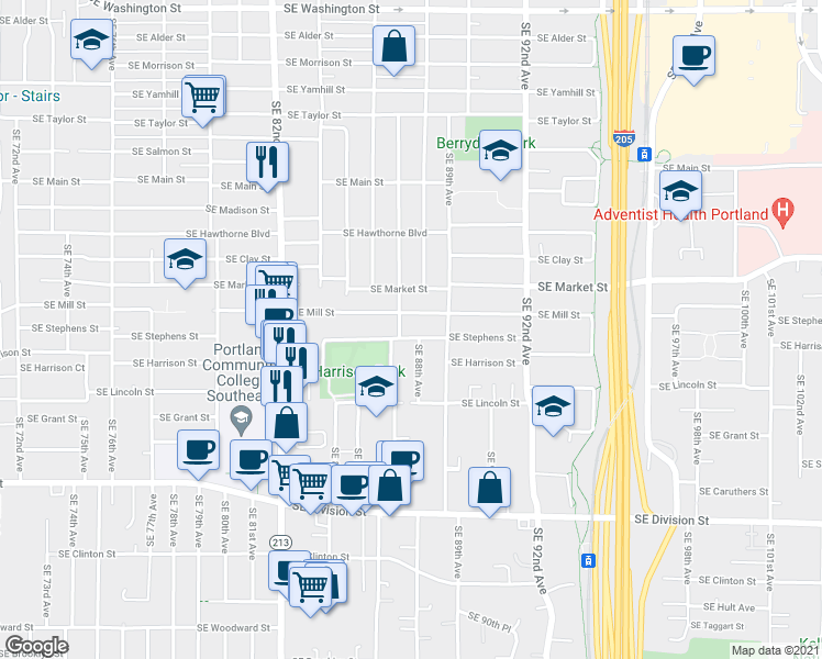 map of restaurants, bars, coffee shops, grocery stores, and more near 8706 Southeast Mill Street in Portland