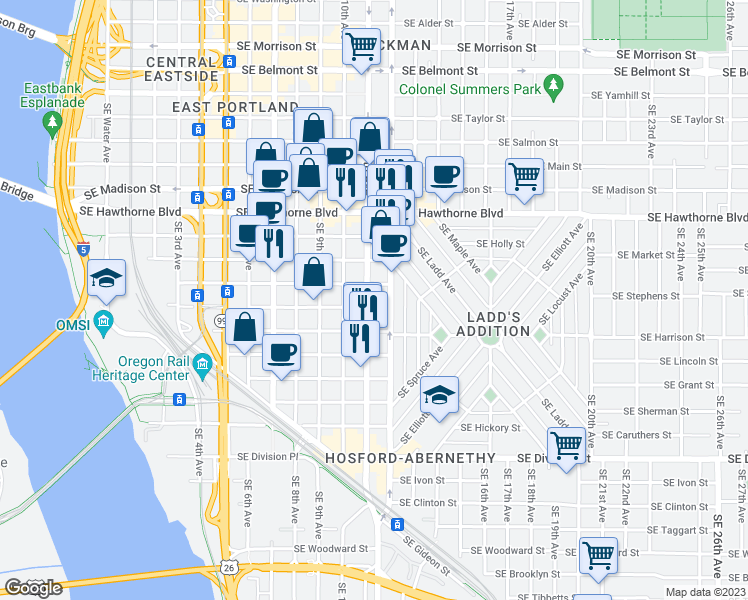 map of restaurants, bars, coffee shops, grocery stores, and more near 1027-1035 Southeast Mill Street in Portland