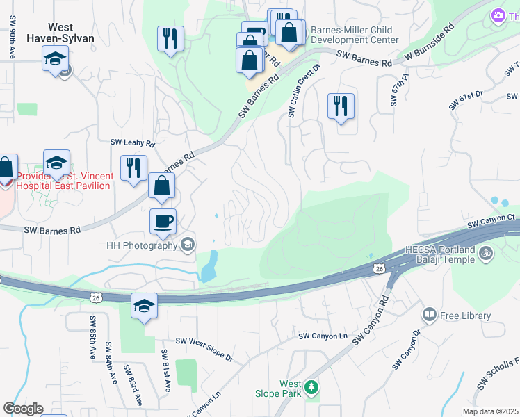 map of restaurants, bars, coffee shops, grocery stores, and more near 7504 Southwest Barnes Road in Portland