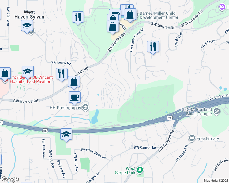 map of restaurants, bars, coffee shops, grocery stores, and more near 7534 Southwest Barnes Road in Portland
