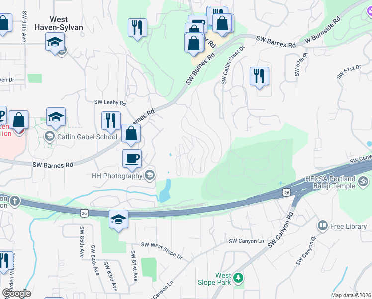 map of restaurants, bars, coffee shops, grocery stores, and more near 7534 Southwest Barnes Road in Portland