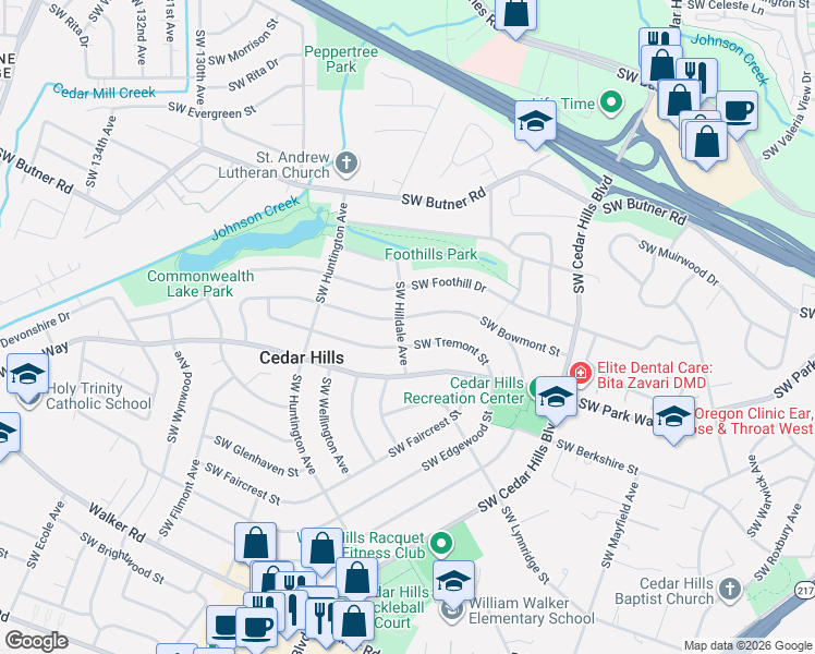 map of restaurants, bars, coffee shops, grocery stores, and more near 12145 Southwest Bowmont Street in Portland