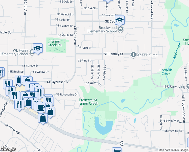 map of restaurants, bars, coffee shops, grocery stores, and more near 1171 Southeast 36th Avenue in Hillsboro