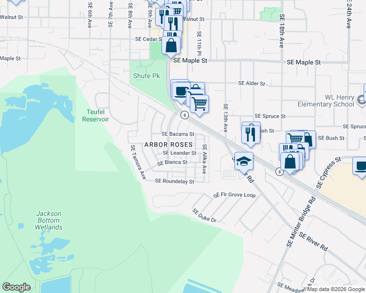 map of restaurants, bars, coffee shops, grocery stores, and more near 1157 Southeast Tamango Street in Hillsboro