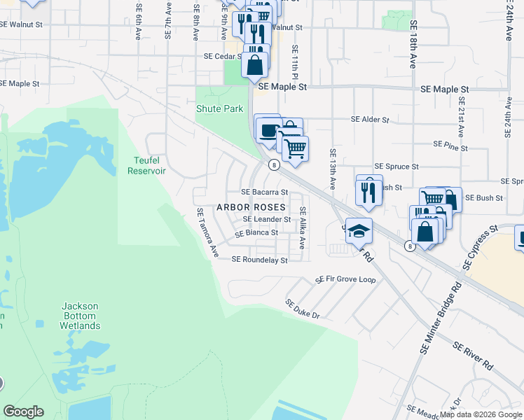 map of restaurants, bars, coffee shops, grocery stores, and more near 1157 Southeast Tamango Street in Hillsboro