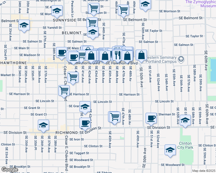 map of restaurants, bars, coffee shops, grocery stores, and more near 1810 Southeast 45th Avenue in Portland