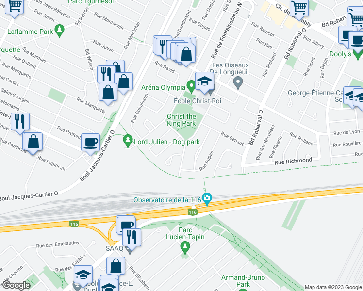 map of restaurants, bars, coffee shops, grocery stores, and more near 2994 Rue Duvivier in Longueuil
