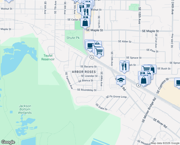 map of restaurants, bars, coffee shops, grocery stores, and more near 1164 Southeast Tamango Street in Hillsboro