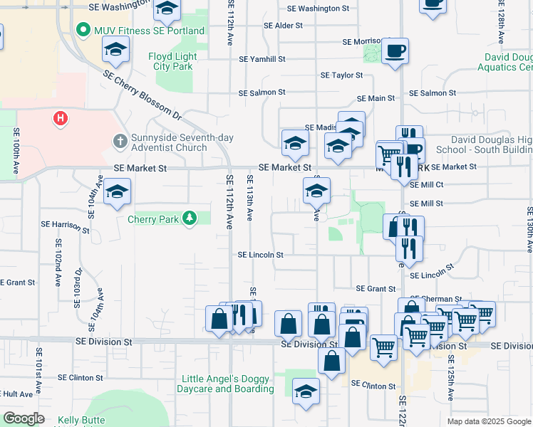 map of restaurants, bars, coffee shops, grocery stores, and more near 18 Southeast 114th Place in Portland