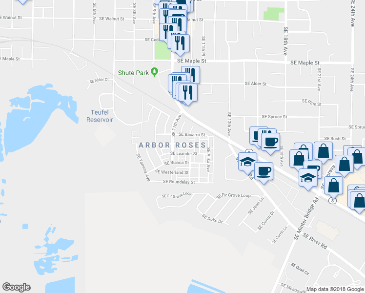 map of restaurants, bars, coffee shops, grocery stores, and more near 1148 Southeast Tamango Street in Hillsboro
