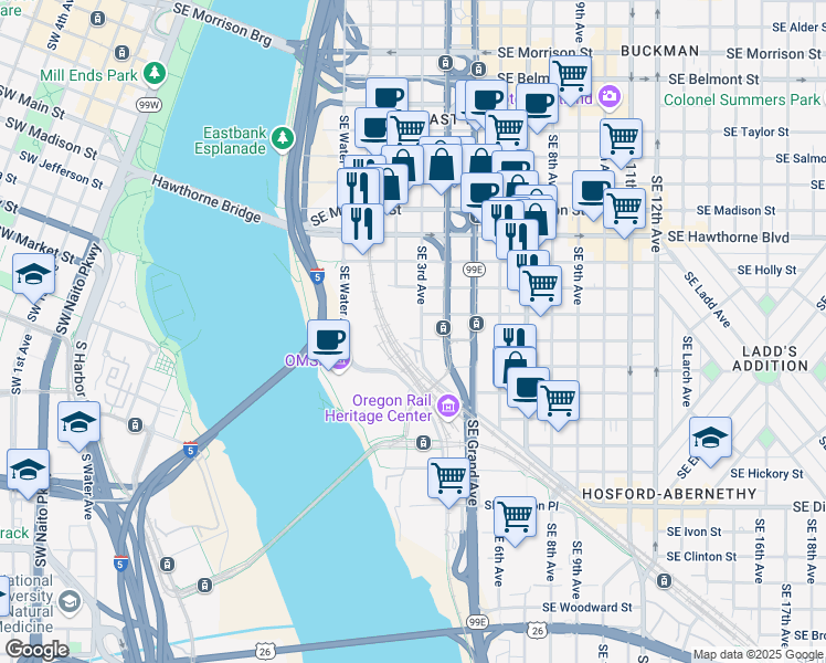 map of restaurants, bars, coffee shops, grocery stores, and more near 1845 Southeast 3rd Avenue in Portland