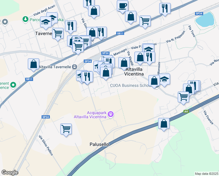map of restaurants, bars, coffee shops, grocery stores, and more near 7 Via Thomas Edison in Altavilla Vicentina
