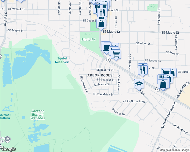 map of restaurants, bars, coffee shops, grocery stores, and more near 1046 Southeast Tamango Street in Hillsboro