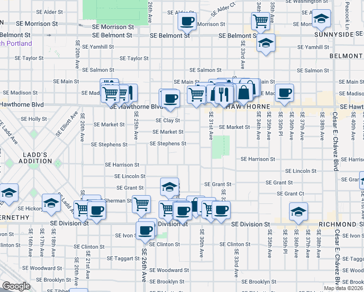 map of restaurants, bars, coffee shops, grocery stores, and more near 1903 Southeast 29th Avenue in Portland