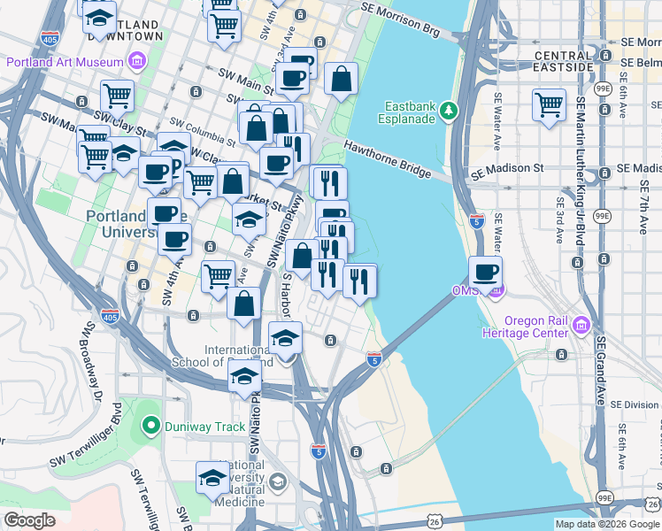 map of restaurants, bars, coffee shops, grocery stores, and more near 305 South Montgomery Street in Portland
