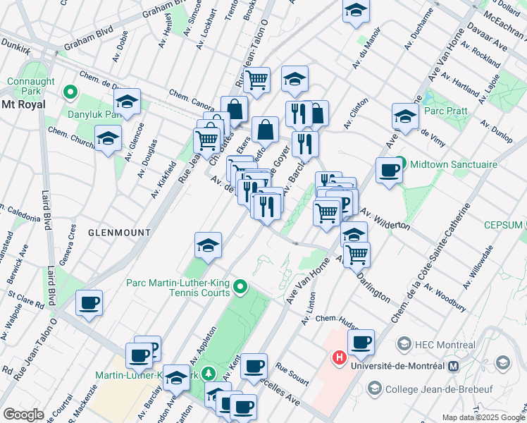 map of restaurants, bars, coffee shops, grocery stores, and more near 2885 Avenue Barclay in Montréal