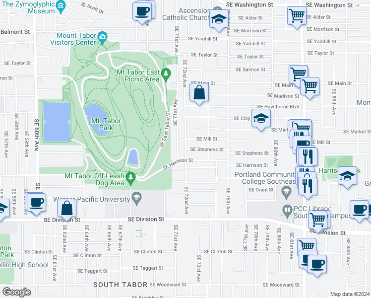 map of restaurants, bars, coffee shops, grocery stores, and more near 1899 SE 72nd Ave in Portland
