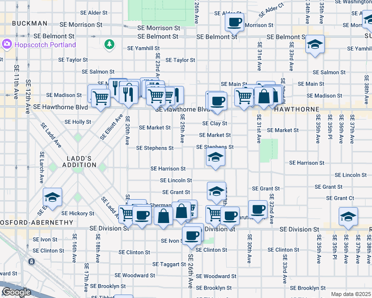 map of restaurants, bars, coffee shops, grocery stores, and more near 2508 Southeast Stephens Street in Portland