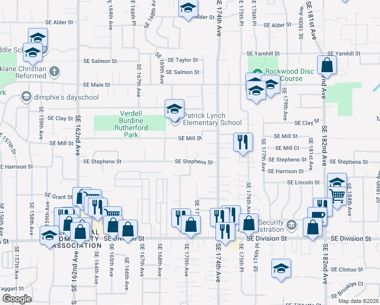map of restaurants, bars, coffee shops, grocery stores, and more near 17043 Southeast Stephens Street in Portland