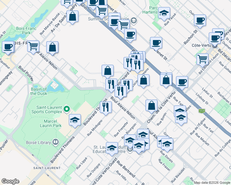 map of restaurants, bars, coffee shops, grocery stores, and more near 2200 Boulevard Thimens in Montréal