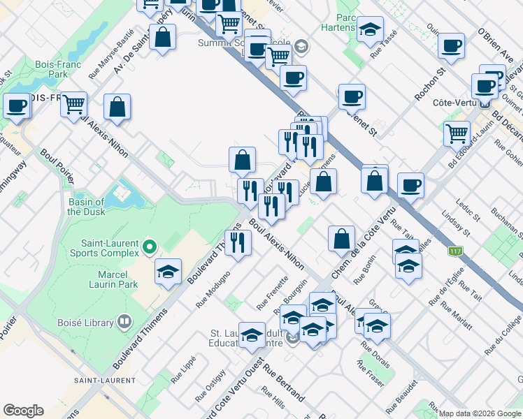 map of restaurants, bars, coffee shops, grocery stores, and more near 2200 Boulevard Thimens in Montreal