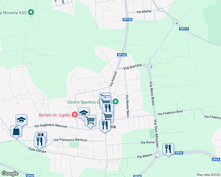 map of restaurants, bars, coffee shops, grocery stores, and more near Via Monte Gallio in Ossona
