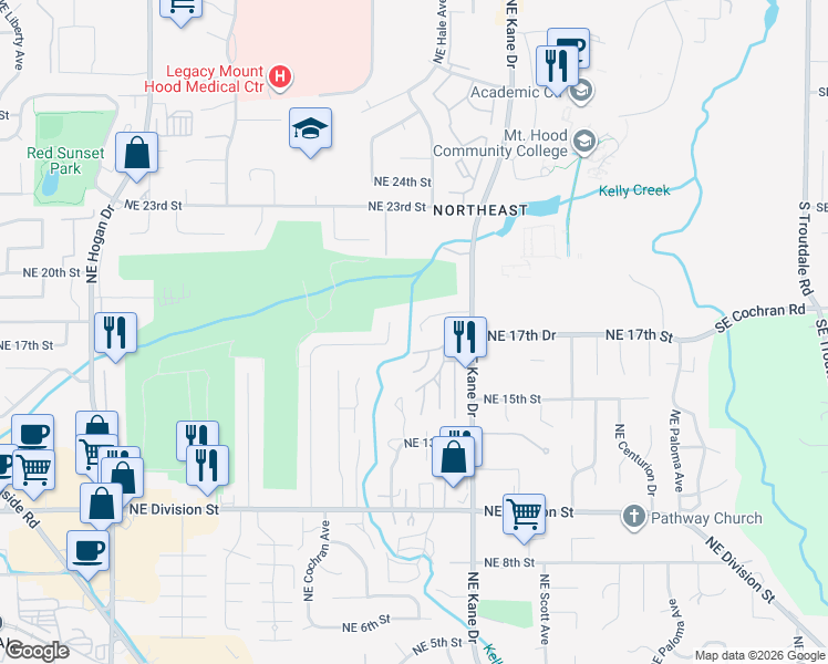 map of restaurants, bars, coffee shops, grocery stores, and more near 3080 Northeast 18th Court in Gresham
