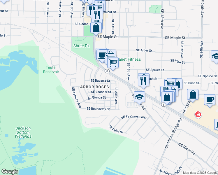 map of restaurants, bars, coffee shops, grocery stores, and more near 1061 Southeast Nazomi Avenue in Hillsboro